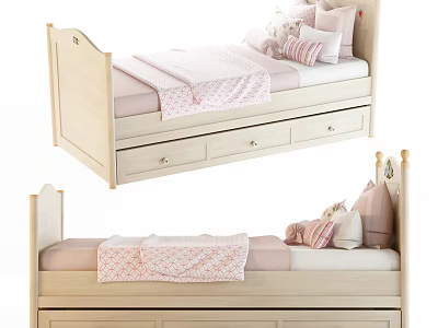 Light Wooden Kids Bed With Pink Bedding Storage Drawers And Stuffed Toys 3d model