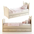 Light Wooden Kids Bed With Pink Bedding Storage Drawers And Stuffed Toys