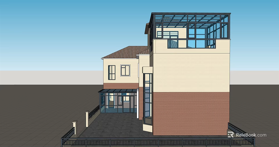 Modern Detached Villa Exterior Design With Brick Beige Walls Glass Sunroom And Sloped Roof 3d model 