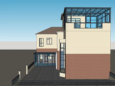 Modern Detached Villa Exterior Design With Brick Beige Walls Glass Sunroom And Sloped Roof 3d model
