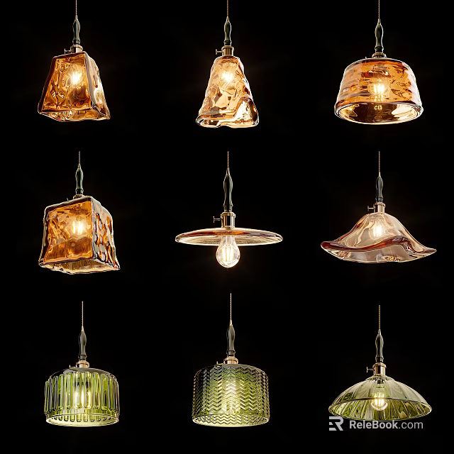Stylish Modern Pendant Lights Featuring Diverse Glass Shapes And Colorful Tones 3d model 
