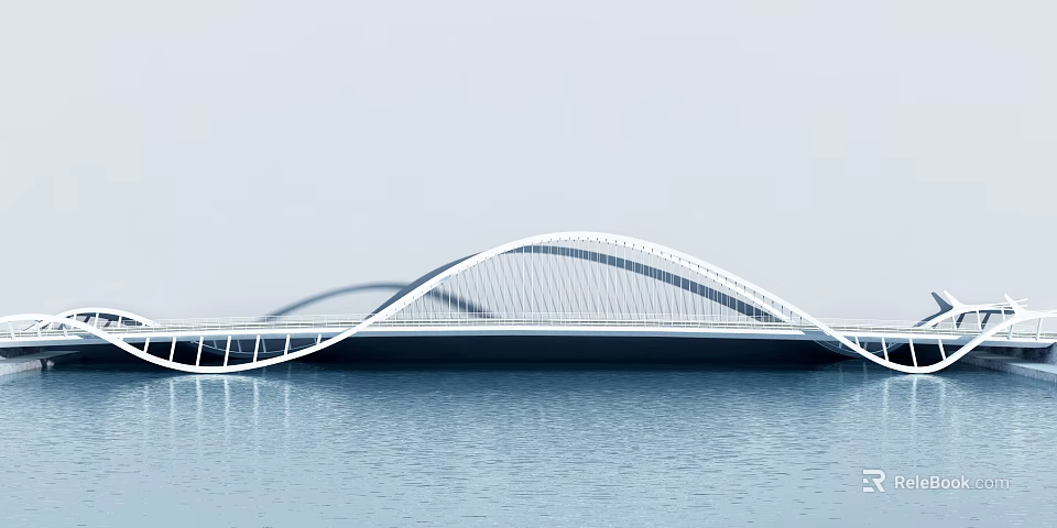 Modern White Arch Bridge Over Calm Water With Reflection And Design 3d model 