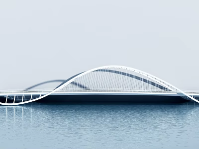 Modern White Arch Bridge Over Calm Water With Reflection And Design 3d model
