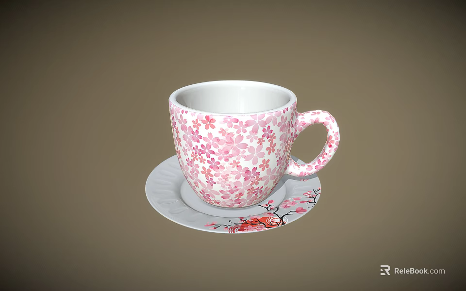 Pink Cherry Blossom Patterned Ceramic Cup And Saucer With Floral Design 3d model 