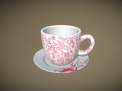 Pink Cherry Blossom Patterned Ceramic Cup And Saucer With Floral Design 3d model