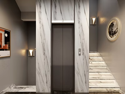 Elegant Modern Elevator In Lobby With Marble Walls Staircase And Decorative Lamps 3d model