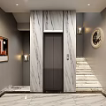 Elegant Modern Elevator In Lobby With Marble Walls Staircase And Decorative Lamps