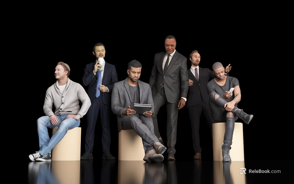 Group of People in Different Clothing Sitting Standing Using Tablet Talking and Drinking 3d model 