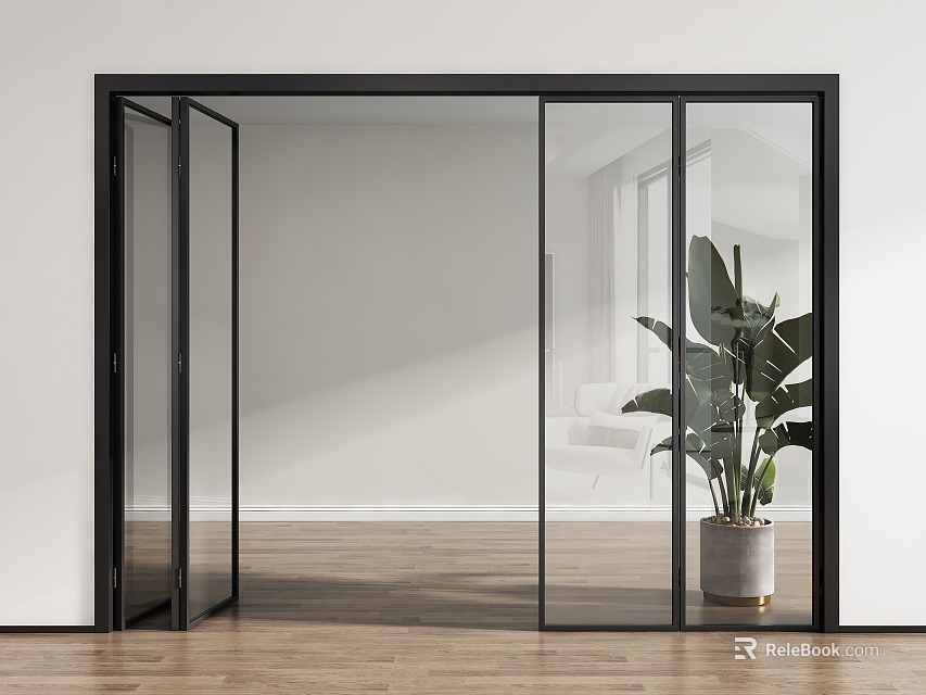 Modern Open Glass Folding Doors In Bright Interior Space With Wooden Floor And Green Plant 3d model 