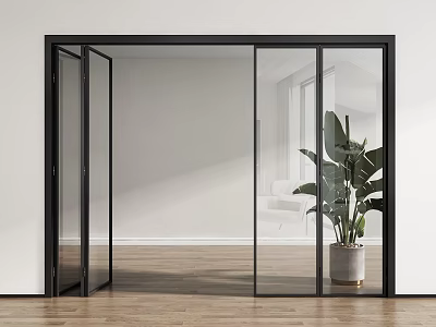 Modern Open Glass Folding Doors In Bright Interior Space With Wooden Floor And Green Plant 3d model
