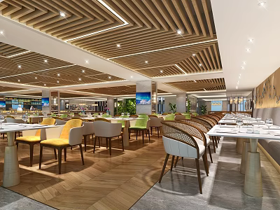 Bright Modern Restaurant Interior With Striped Wooden Ceiling Herringbone Floor And Colorful Chairs 3d model