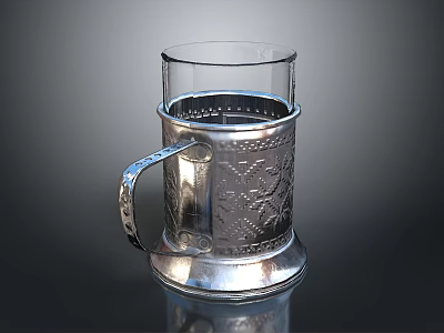 Glass Mug With Silver Metal Holder And Engraved Pattern For Daily Household Use 3d model