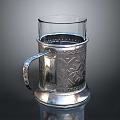 Glass Mug With Silver Metal Holder And Engraved Pattern For Daily Household Use