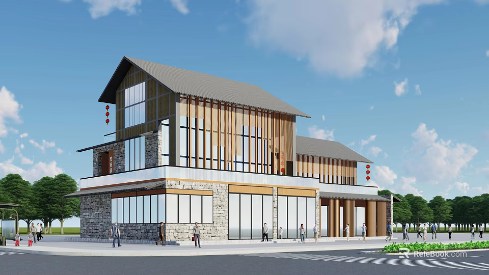 Modern Office Building With Traditional Elements Wooden Accents Glass Curtain Walls And Stone Base 3d model 