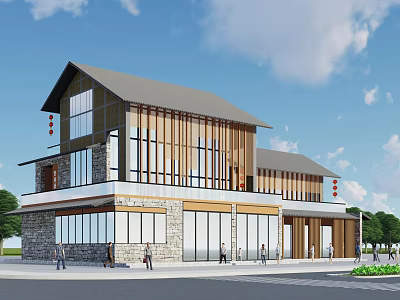 Modern Office Building With Traditional Elements Wooden Accents Glass Curtain Walls And Stone Base 3d model