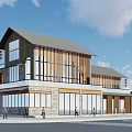Modern Office Building With Traditional Elements Wooden Accents Glass Curtain Walls And Stone Base