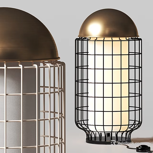 Industrial Metal Table Lamp With Brass Dome Top And Wire Cage Structure Design 3d model 
