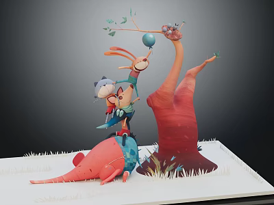 Cartoon Scene with Playful Rabbit and Giraffe by Tree with Balloon and Green Grass 3d model