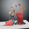 Cartoon Scene with Playful Rabbit and Giraffe by Tree with Balloon and Green Grass