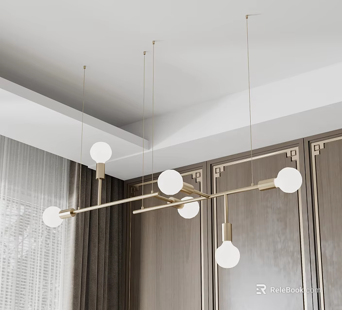 Modern Linear Chandelier With White Spherical Bulbs Hanging In Elegant Interior With Gray Curtains And Cabinets 3d model 