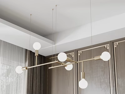 Modern Linear Chandelier With White Spherical Bulbs Hanging In Elegant Interior With Gray Curtains And Cabinets 3d model