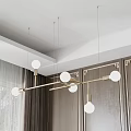 Modern Linear Chandelier With White Spherical Bulbs Hanging In Elegant Interior With Gray Curtains And Cabinets