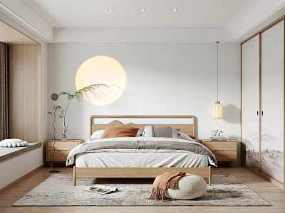 Minimalist Bedroom Interior Design With Wooden Bed Circular Moon Art Nightstands And Rug 3d model