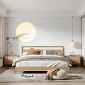 Minimalist Bedroom Interior Design With Wooden Bed Circular Moon Art Nightstands And Rug