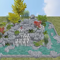 Landscaped Garden Rock Waterfall With Stacked Stones Colorful Trees And Pond