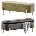 Modern Gray and Beige Sofa Bench with Black Gold Metal Legs and Plaid Blankets