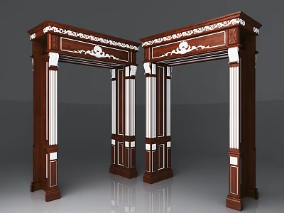 Symmetrical Classical Wooden Door Arches With Carved Patterns And White Columns 3d model
