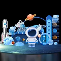 Space Themed Photo Spot With Astronaut Rocket Planets Satellite And Cloud Elements 3d model