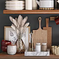 Stylish Kitchenware Display On Wooden Shelves With Bowls Mugs Teapot Plates And Decorative Plant