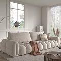 Beige Two-seater Sofa in Modern Living Room with Brown Blanket Checkered Pillows and Floor Lamp