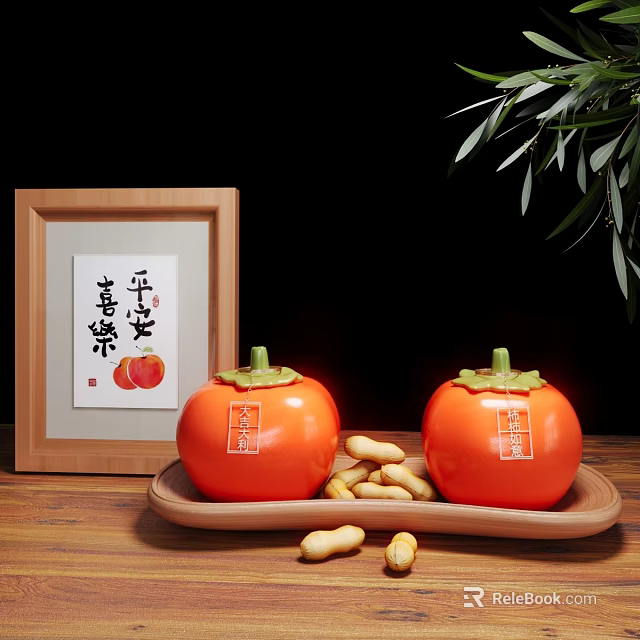 Decorative Ornament Set with Persimmon Figurines Wooden Tray Peanuts Calligraphy Artwork and Green Leaves 3d model 