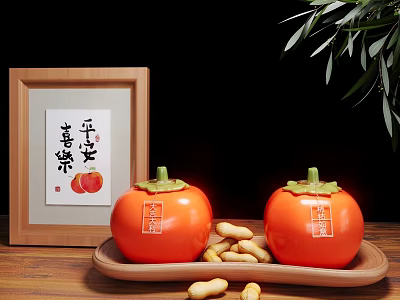 Decorative Ornament Set with Persimmon Figurines Wooden Tray Peanuts Calligraphy Artwork and Green Leaves 3d model
