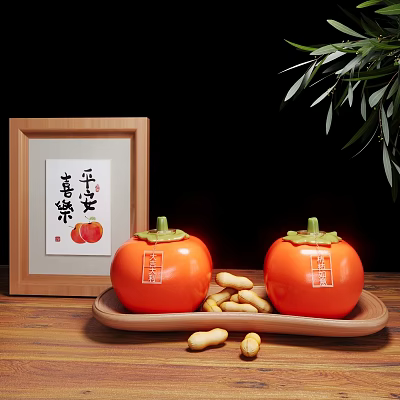 Decorative Ornament Set with Persimmon Figurines Wooden Tray Peanuts Calligraphy Artwork and Green Leaves 3d model