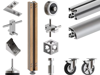 Furniture Hardware Parts Including Metal Brackets Wooden Poles Sliding Rails And Casters 3d model