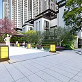 Modern Residential Entrance Garden Landscape With Greenery And High Rise Buildings