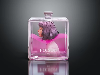 Transparent Square Perfume Bottle With Purple Hair Woman Illustration And Poison Label 3d model