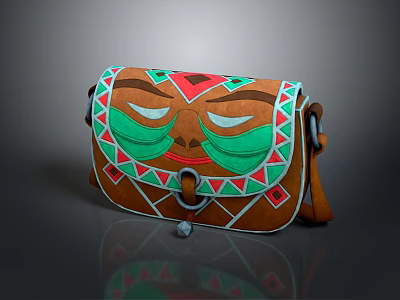 Brown Leather Crossbody Bag With Green Red Geometric Mask Design And Metal Buckle 3d model