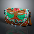 Brown Leather Crossbody Bag With Green Red Geometric Mask Design And Metal Buckle