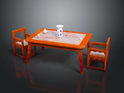 Wooden Dining Table Set With Marble Top And Decorative Vase 3d model