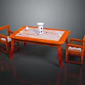 Wooden Dining Table Set With Marble Top And Decorative Vase 3d model