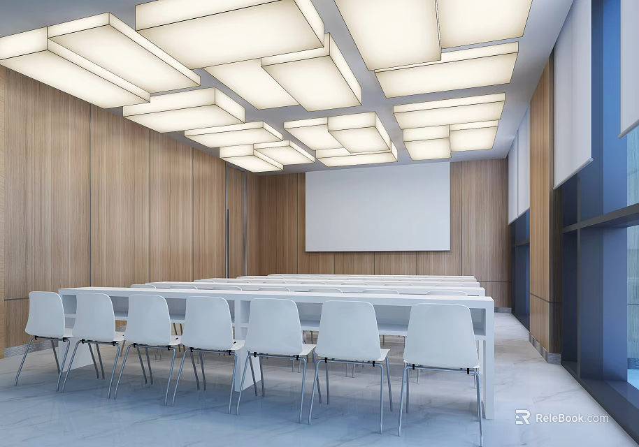 Modern Meeting Room With Wooden Walls White Chairs Square Ceiling Lights And Projection Screen 3d model 