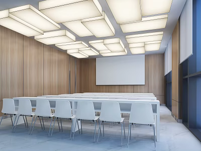 Modern Meeting Room With Wooden Walls White Chairs Square Ceiling Lights And Projection Screen 3d model