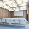 Modern Meeting Room With Wooden Walls White Chairs Square Ceiling Lights And Projection Screen