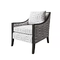 Elegant Lounge Chair With Geometric Pattern Fabric And Dark Wooden Frame