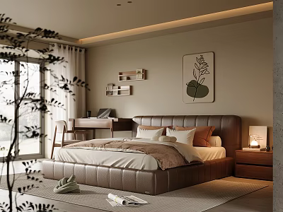 Modern Bedroom Interior With Brown Leather Bed Leaf Painting Desk Lamp Rug And Green Plant 3d model