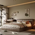 Modern Bedroom Interior With Brown Leather Bed Leaf Painting Desk Lamp Rug And Green Plant